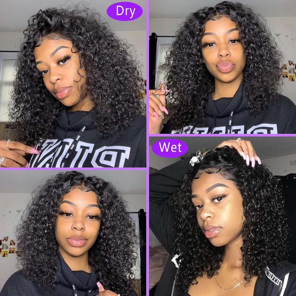 16 Inch Bob Wig Human Hair 13x4 Frontal Lace Wig 250% Density HD Lace Front Wigs Human Hair Pre Plucked Short Bob Wigs for Women Real Human Hair Curly Natural Black view 7