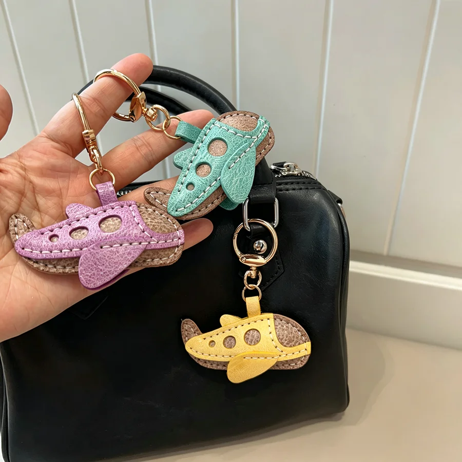 Cute Cartoon Airplane Bag Charm Keychain Unique Transportation Shape Keychain Genuine Leather Bag Hanging Decoration Bag Pendant