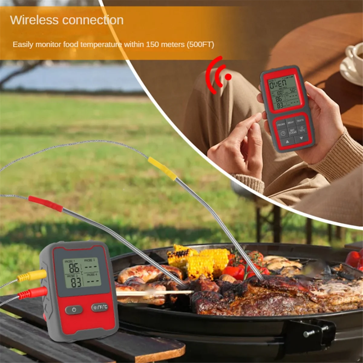 Wireless Meat Thermometer for Grilling and Smoking with Four Meat Probe Kitchen Digital Cooking Food Thermometer