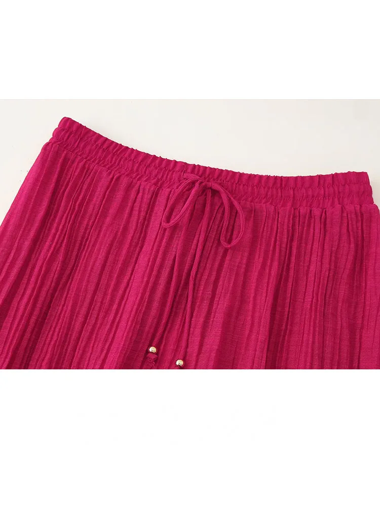 HH レディース エレガント ノースリーブ バックレス プリーツ装飾 スリング ショートトップ+伸縮性ウエスト リボン レースアップ サマー ミディスカート セット