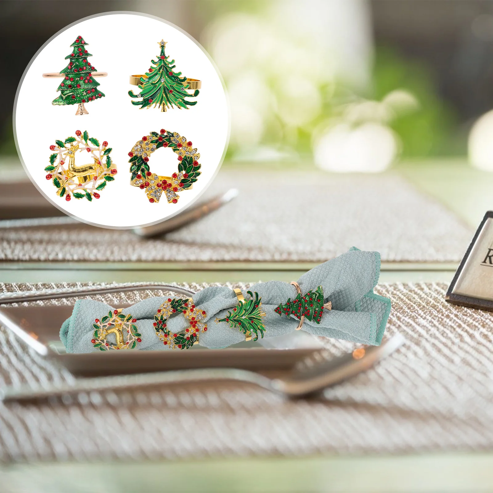 

4Pcs Xmas Tree Deer Shape Christmas Napkin Buckle Elegant Napkin Ring Party Table Decoration Xmas Festival Supplies