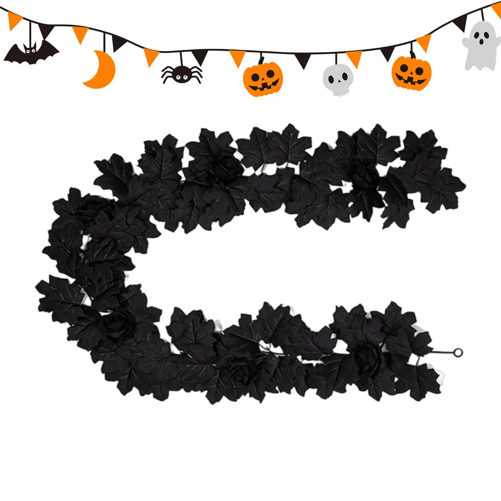 Black Halloween Garland 175cm Fake Maple Leaves Vine Hanging Ivy Wreath Fireplace Decor Wall Window Stair Railing Party Supplies