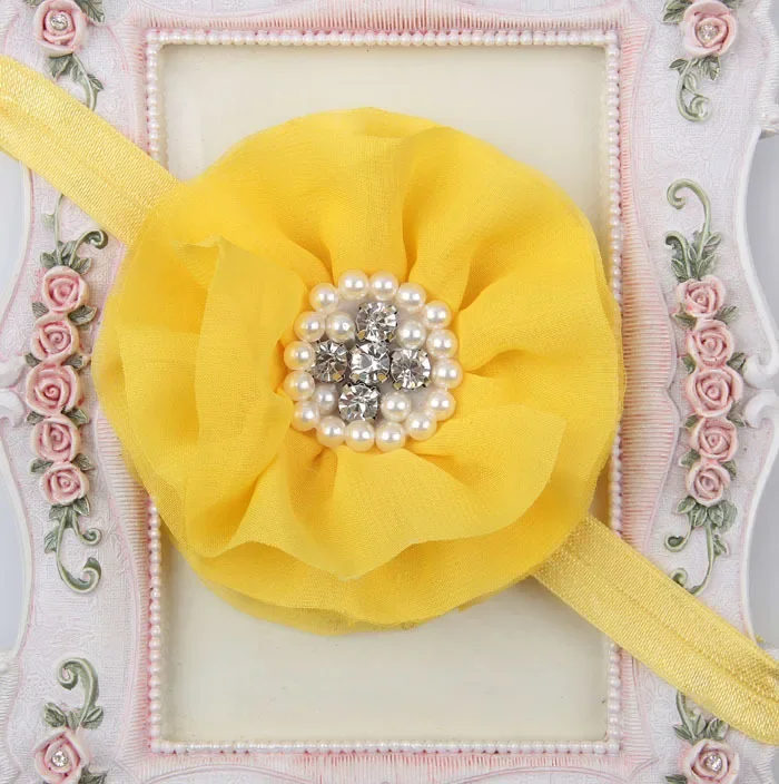 1PCS 15 Colors Children Kids Girls Pearl Diamond Chiffon Flower Headband Headwear Baby Hair Band Head Piece Accessories Gifts