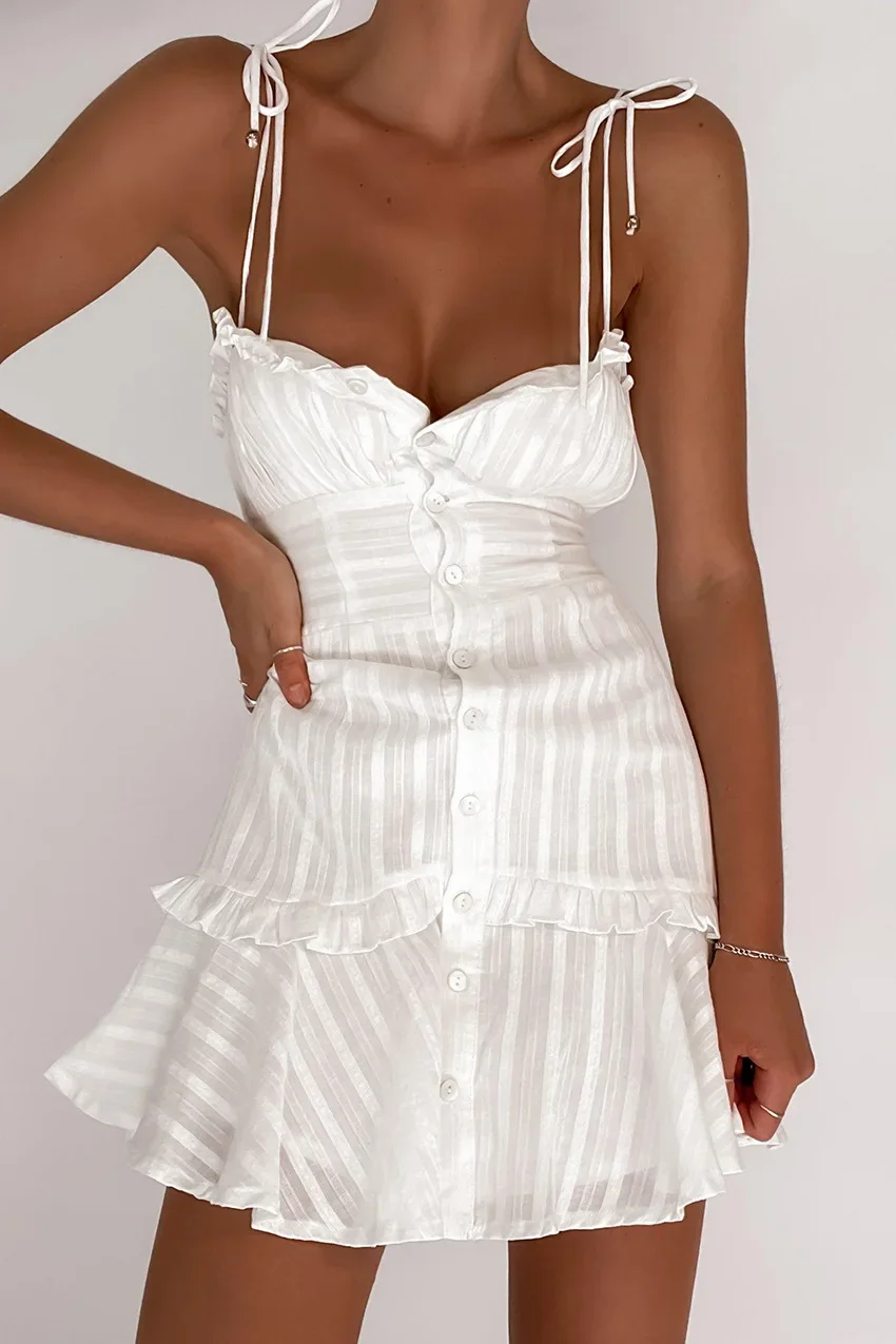 Soolasea 2024 New Elegant Summer Women Spaghetti Strap White Dress Cotton A-line Ruffles Mini Dress Strapless Female Party Dress