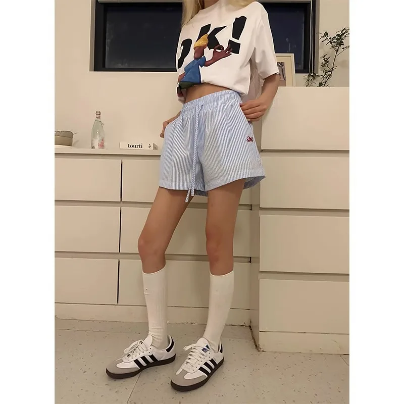 Y2K 스트라이프 반바지 여성용 하라주쿠 블루 박서 반바지 스트라이프 밴딩 반바지 포켓 한국 스타일 비치 반바지