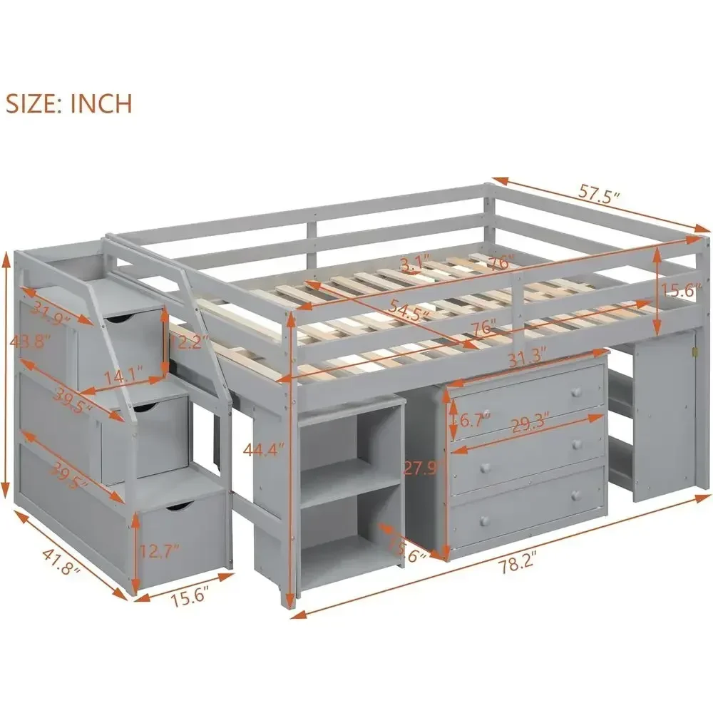 Gray Twin Size Loft Bed with Desk, Stairs, Storage Drawers, and Safety Rails for Kids