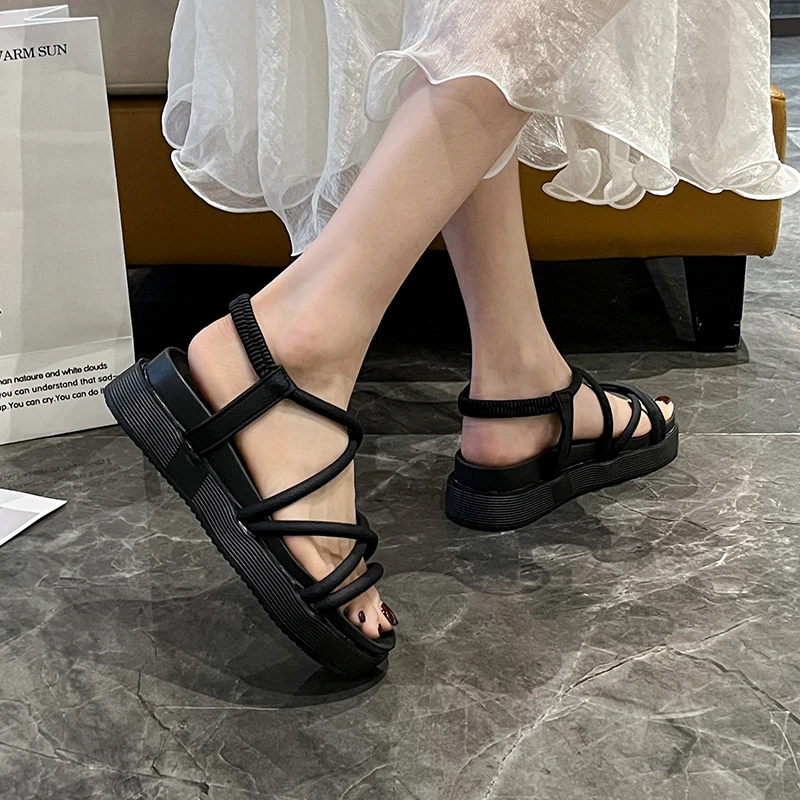 2023 Shoes for Women Elastic Band Women\'s Sandals Summer Casual Sandals Women Narrow Band Thick Bottom Shoes Ladies ZapatosMujer