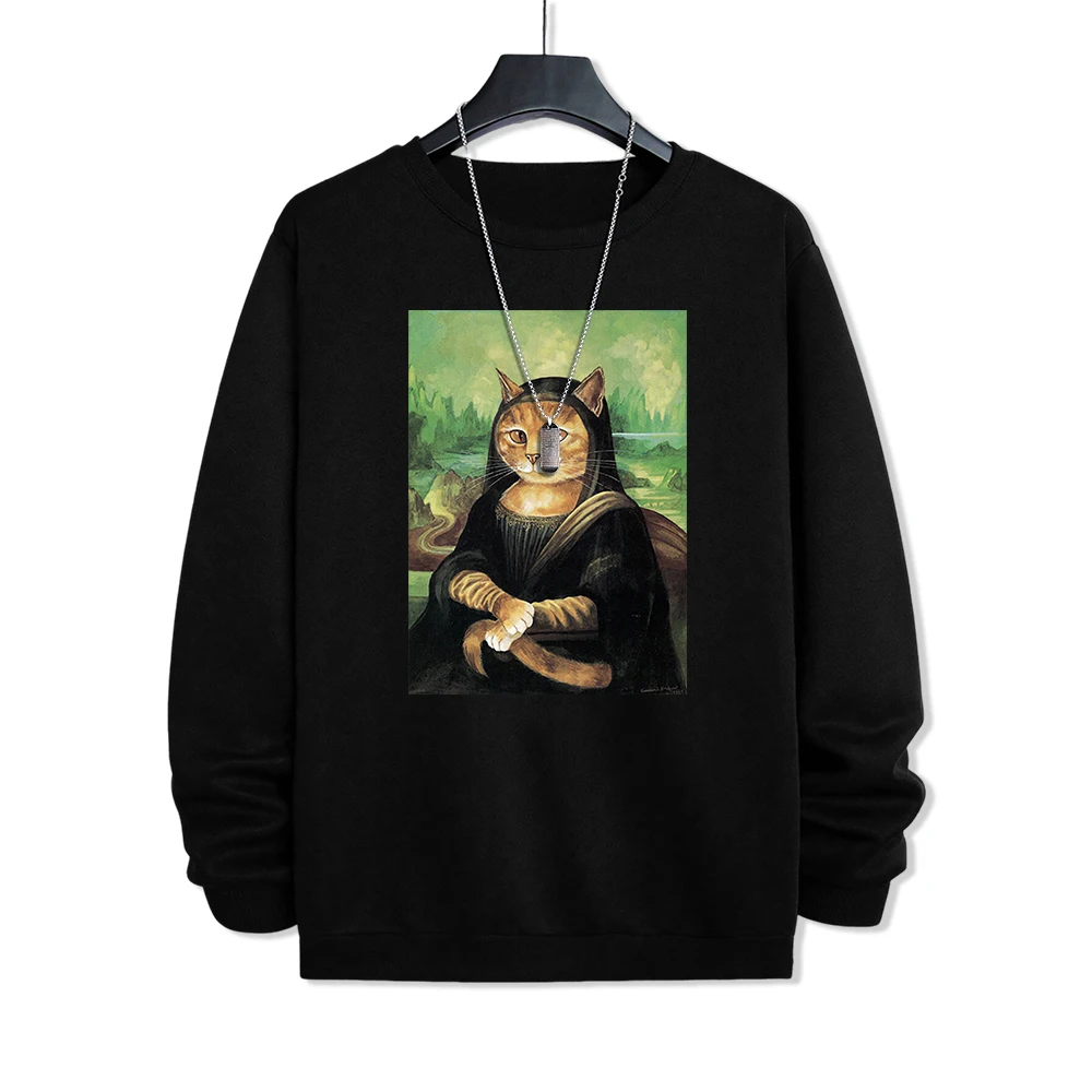 Orange Cat Parodies Mona Lisa Hoodies Male Simplicity Pullover Sportswears Pattern Fleece Hoodies New Loose Casual Men Clothes