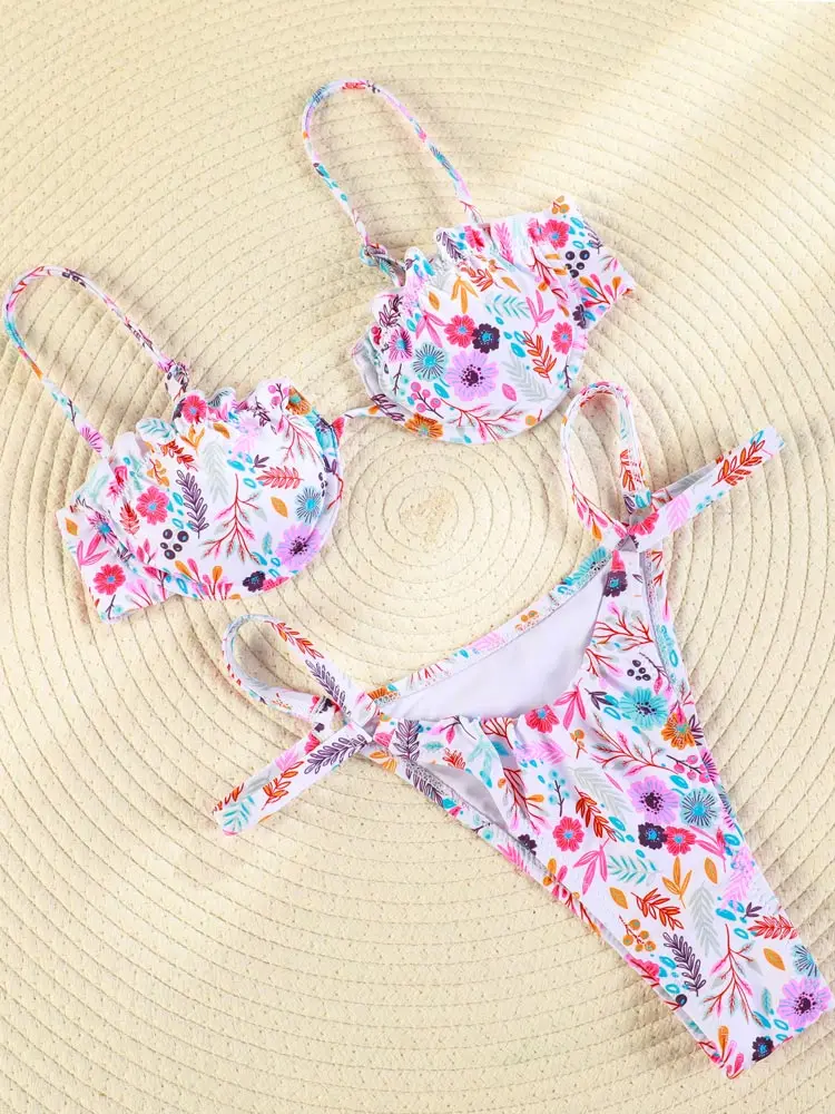 ZRTAK 2 Piece Bikinis Ruffled Women's Swimsuit 2026 Beach Push Up Suits Cup Sexy Bikini Set String Bathing Suits Thongs Biquini