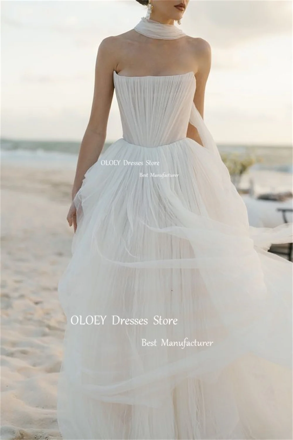 OLOEY Elegant Strapless Silky Organza Wedding Dress With Scarf Photoshoot Sleeveless Bridal Gown Zipper Back Floor Length Custom