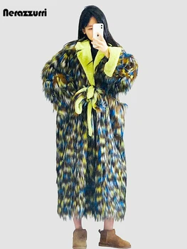 Nerazzurri-abrigo de piel sintética para mujer, abrigo peludo de gran tamaño, grueso, cálido, esponjoso, fajas, diseñador de lujo, Invierno