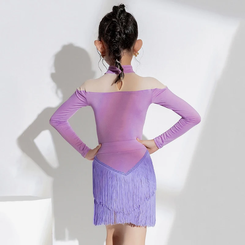 Vestido feminino com franja de dança latina, trajes de performance, roupas infantis, roxo, novo, SL9505, 2023