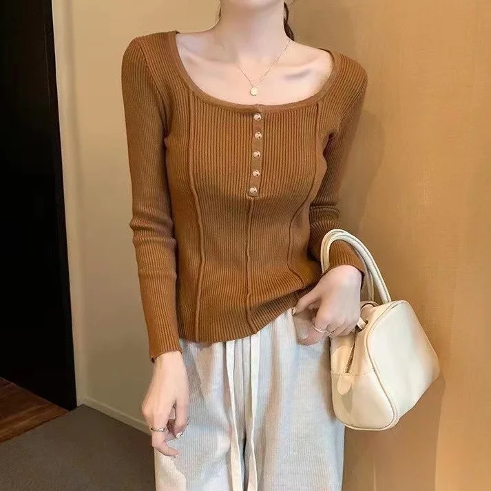 Square Neck Knitted Base Sweater for Women, with a Stylish Design Inside Slim Fit Long Sleeved Top