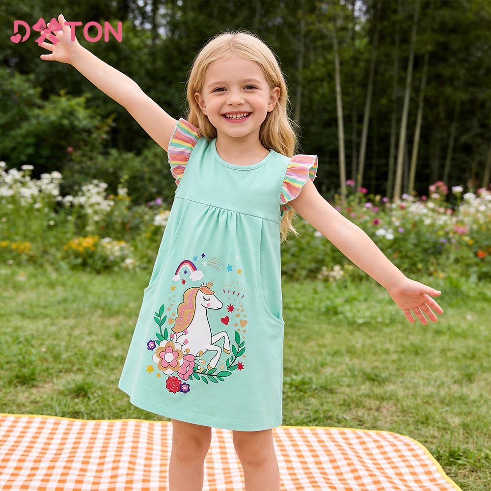 DXTON Ärmelloses Sommerkleid für Kinder, Rüschen, Blumenmuster, Mädchen-Oberbekleidung, Taschenkleidung, Licorne, A-Linie, lässiges Baby-Mädchen-Kleid