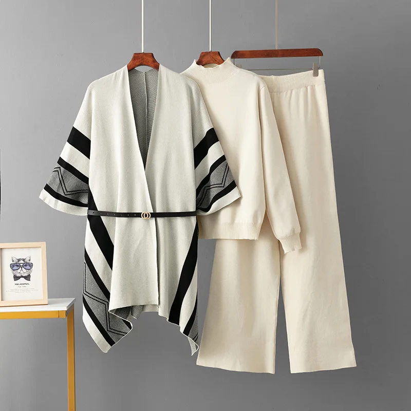 

ALPHALMODA 2025, жаккардовый топ с шалью + свитер с длинными рукавами + прямые брюки, вязаный костюм из 3 предметов, повседневный стиль, для женщин