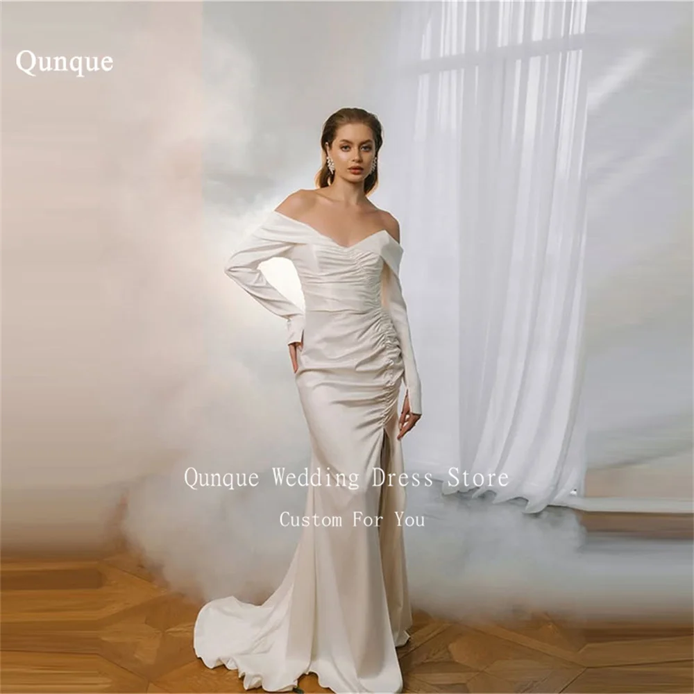 

Qunque Formal Satin Wedding Dresses Bride Sweetheart Mermaid Vestidos De Novia Floor Length Off The Shoulder Dresses Customized