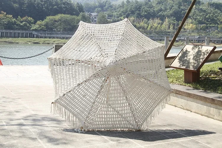 Luxury outdoor furniture wooden cotton rope woven folding garden umbrella