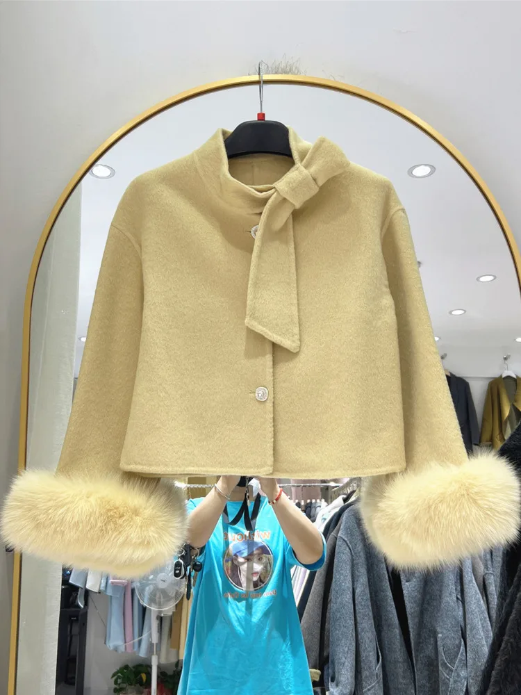 ZMEENNA Damen-Kurzmantel aus elfenbeinfarbener Wollmischung, abnehmbarer Krawatten-Schal, Kunstpelz-Manschette, einreihige Winterjacke, elegant, ZM4404