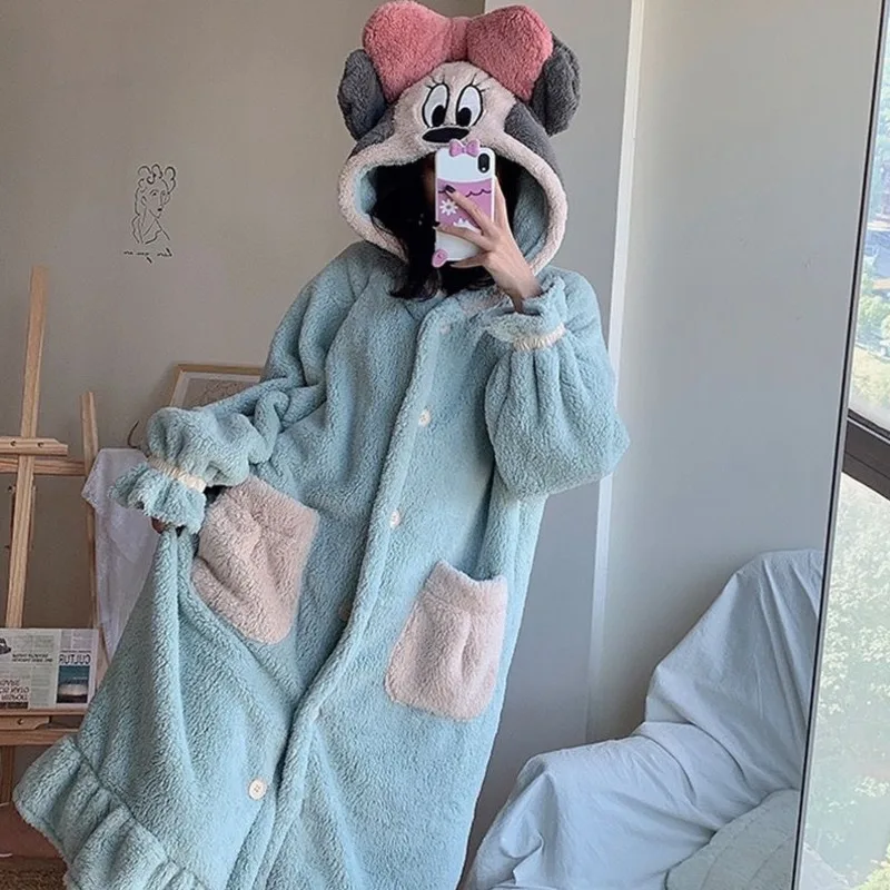 Miniso Disney Mickey Mouse Plush Warm Pajamas Set Big Bows Kawaii Hooded Robe Button Oversized Winter Sleepwear Women Clothing