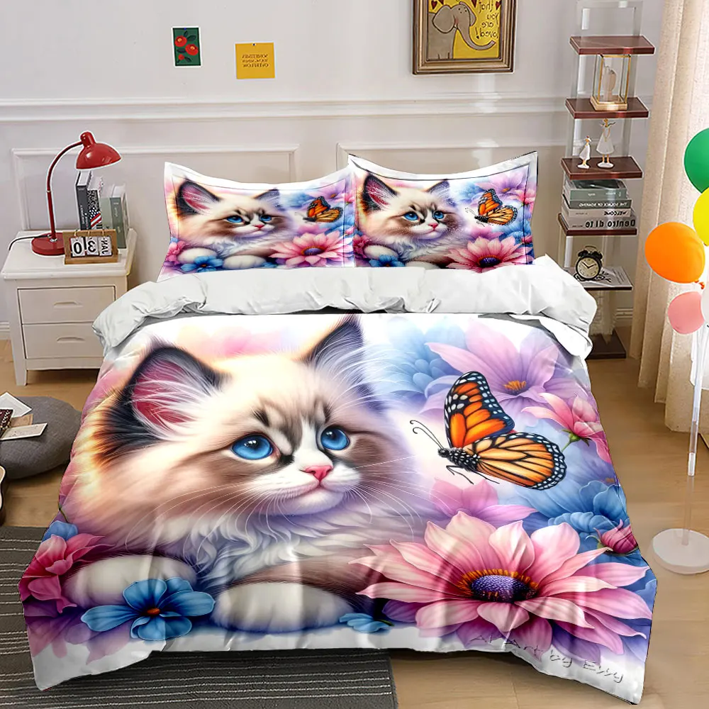 Cat and butterfly in colorful flowers Duvet Cover Set with 3D Printing Design Soft Polyester Bedding Set All-Season Comfort