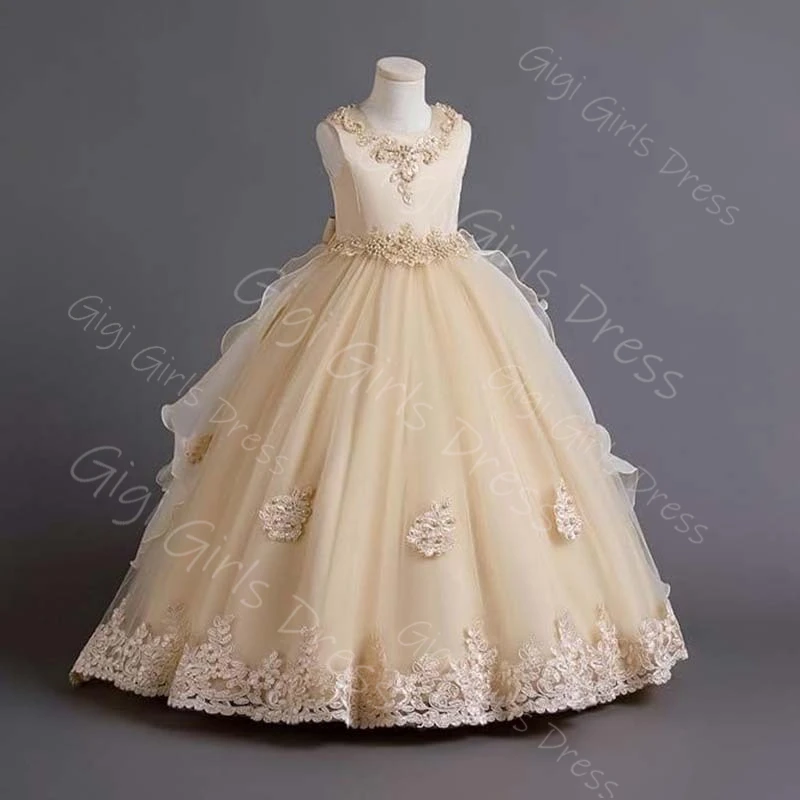 فستان فتاة الزهور بتصوير حقيقي لحفلات الزفاف للأطفال الصغار مزين بالدانتيل المطرز مكشكش من التل فستان الأميرة بالتواصل مخصص
