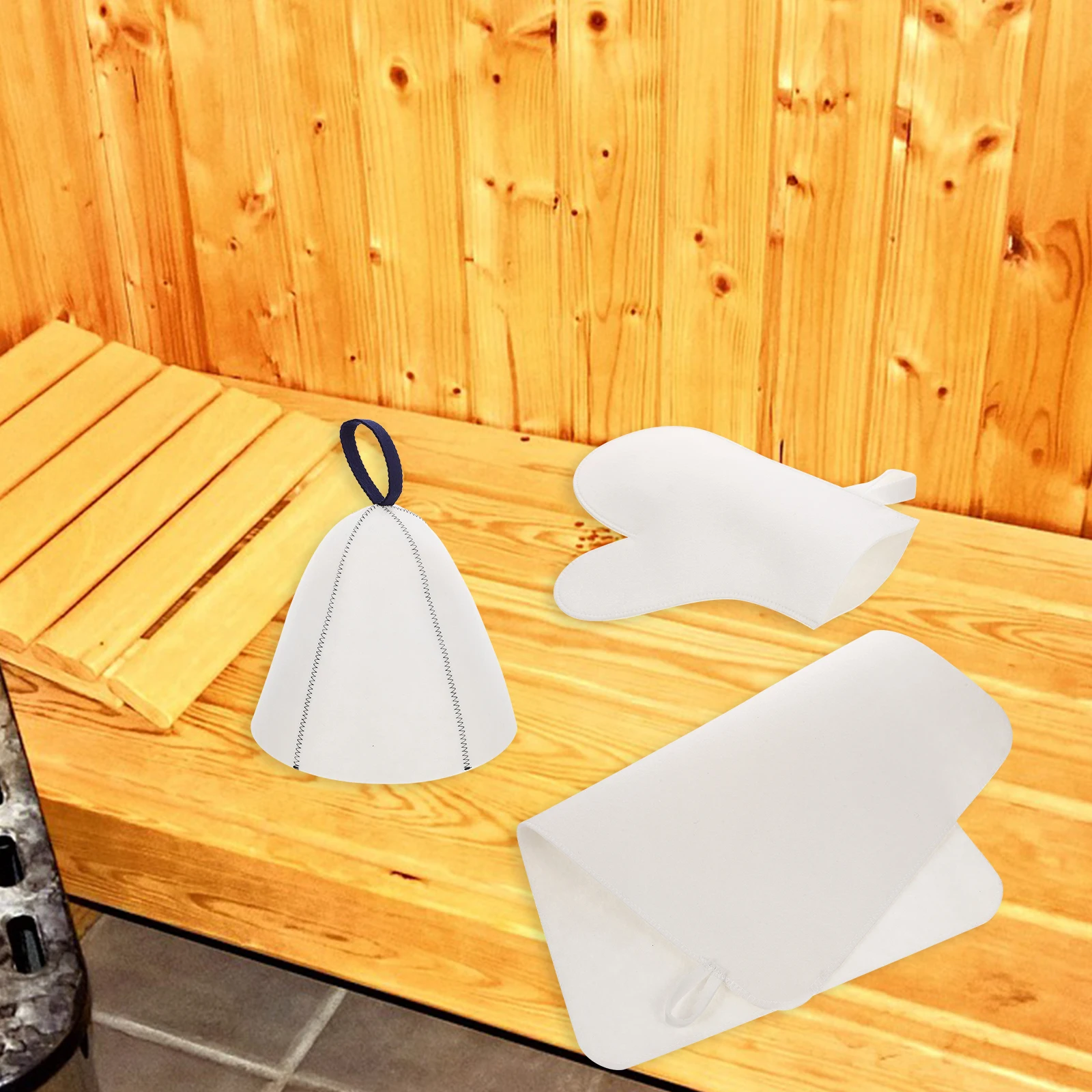 

Felt Sauna Set Blue Striped Bath Hair Shower Caps Cap White Mat Gloves Women Girls Hair Protection Spa Accessory Gift