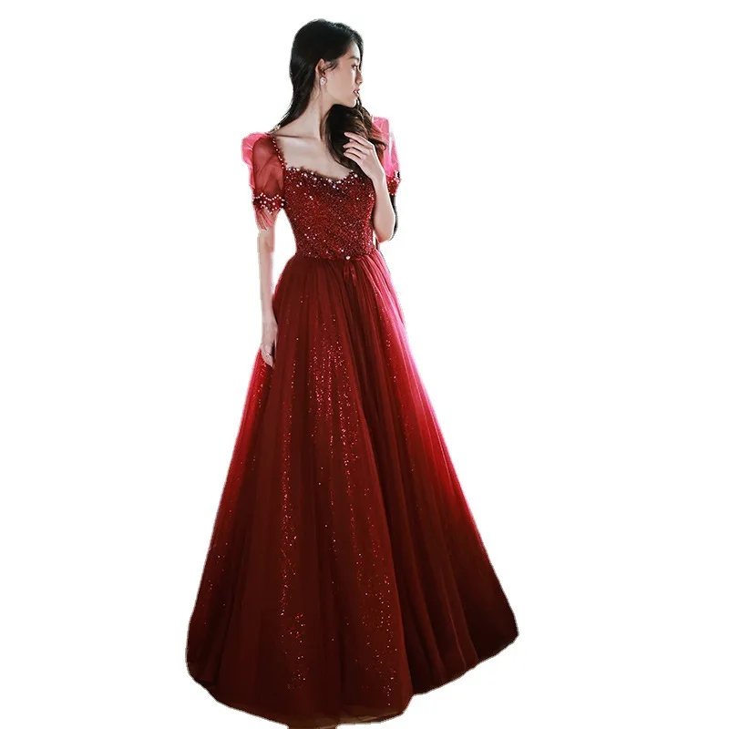 Luxurious Sequin Pearl Evening Dress Red Sexy V-Neck Princess Puff Short Sleeves Floor-Length Tulle A-line Prom Dresses