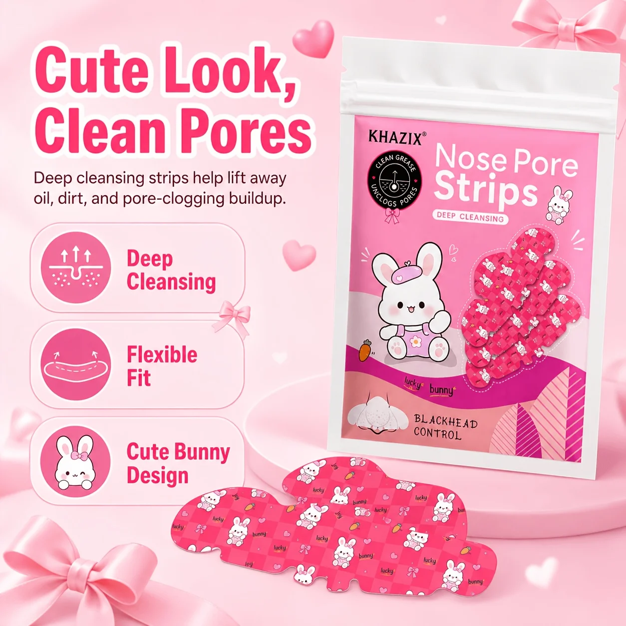 20PCS Pink little white rabbit cartoon nose sticker gentle and non-irritating,helps unclog pores,deeply cleans pores