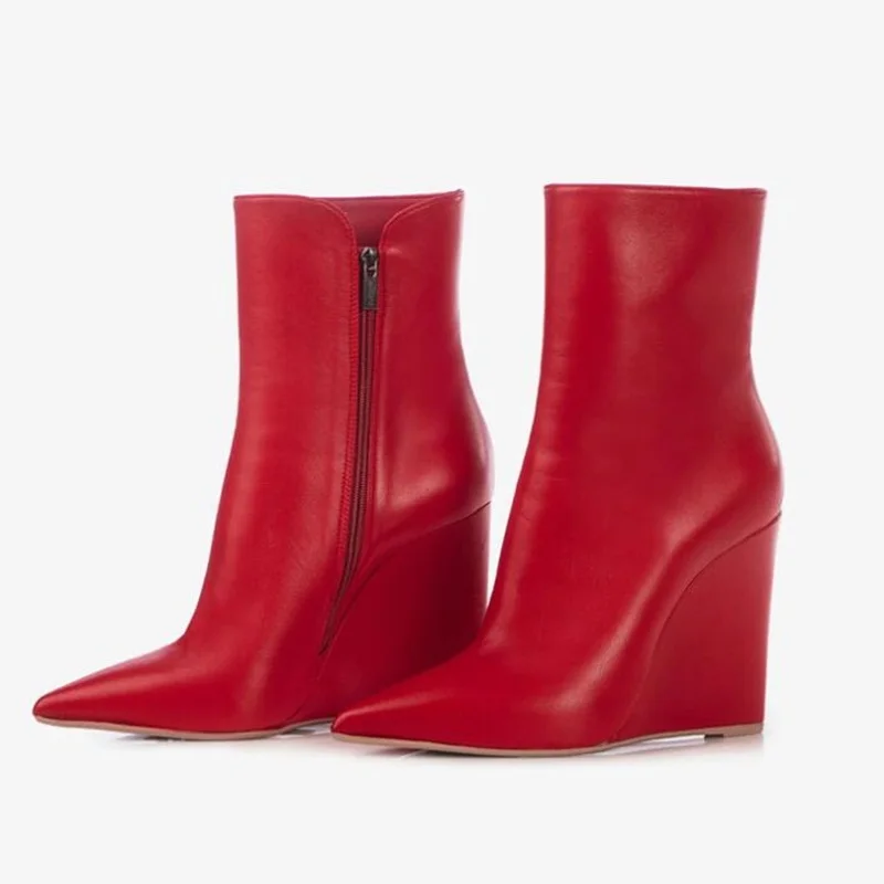 

Fashion Woman Wedge Boot Pointed Toe Black Red White Matte Leather Side Zipper Height Increasing Ankle Booties