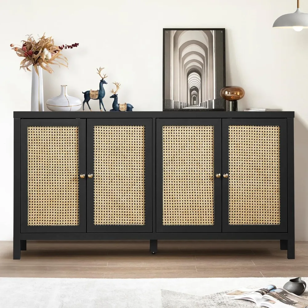 

Sideboard Buffet Cabinet, Rattan Accent Cabinet Storage Cabinet Console Table with 4 Doors and Adjustable Shelves for Kitchen