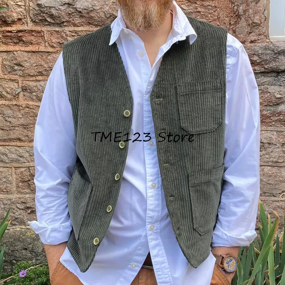 

Модный костюм, вельветовые жилеты для мужчин, элегантный мужской жилет с v-образным вырезом, повседневный однобортный рабочий мужской костюм с тремя карманами, блейзер, мужской