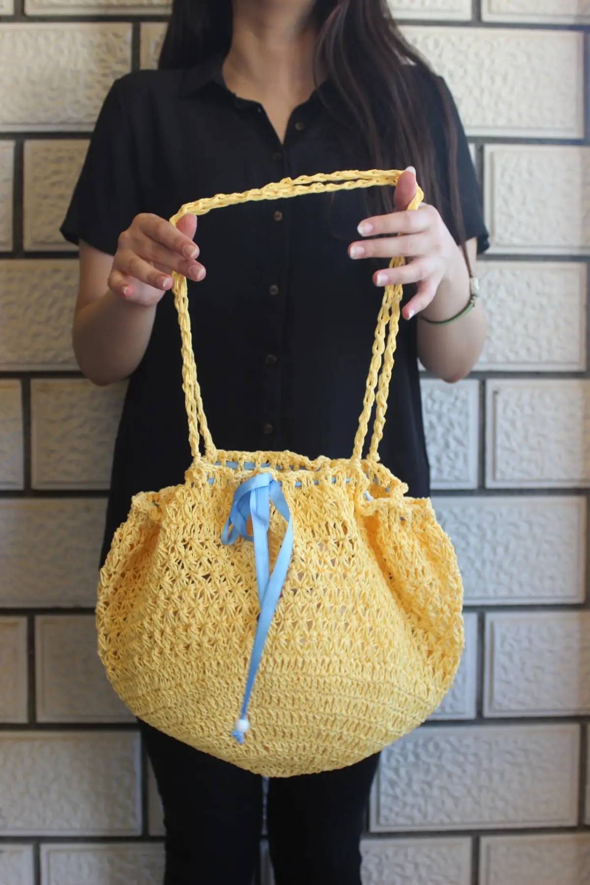 Uras Handmade Yellow Paper Rope Mesh Beach Bag-