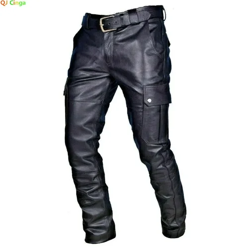 Imagen 1 del producto Pantalones de moto de cuero para hombre con bolsillos tipo cargo, negros, pantalones de PU sin cinturón, pantalones para hombre talla grande S-5XL