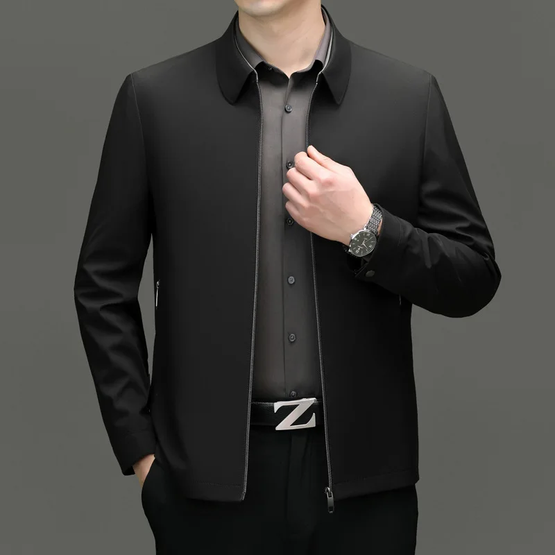 Men Lapel Collar Motorcycle Racing Jacket, Spring New Elegant High-end Texture Coat, Business Casual Daily Commuter Outerwear 4