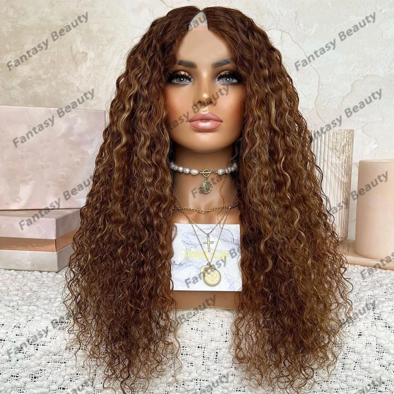 Chestnut Brown Blonde Highlight Bayalage Human Hair 1x4 V Part Wigs for Black Women 28Inches Long Natural Water Curly V Part Wig