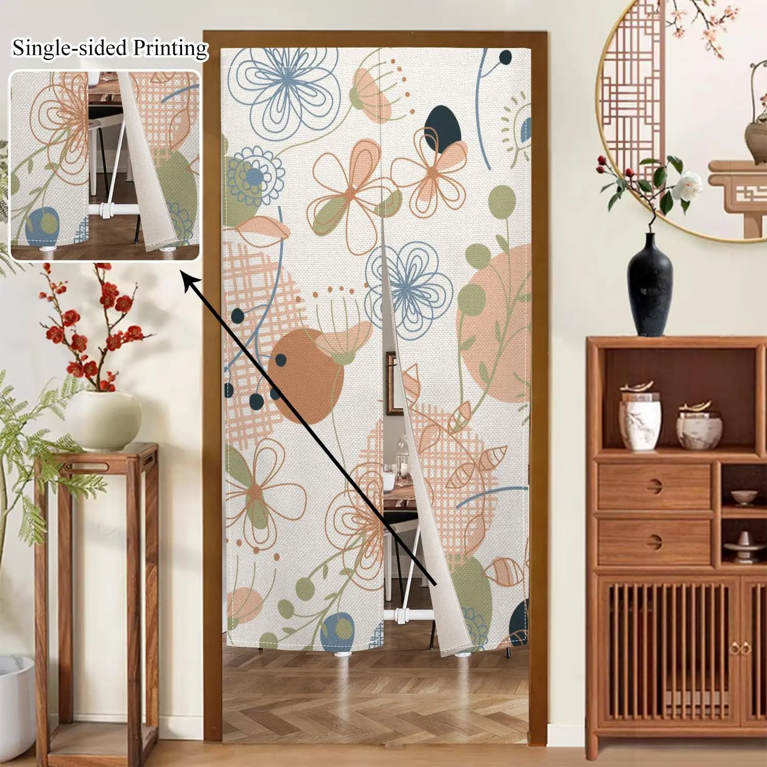 Boho Floral Dotted Curtain Watercolor Flower Print Door Curtain for Home Kitchen Bedroom Window Decoration Modern Boho Style