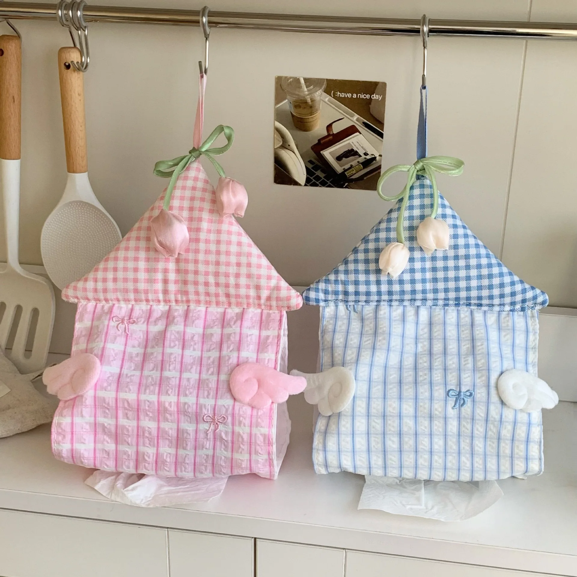 Cute Winged Little House Tissue Box High Appearance Level Wall-mounted Fabric Tissue Bag Box Table Tissue Square Tissue Box