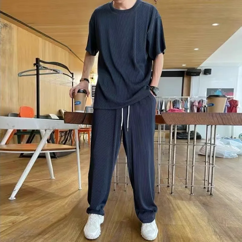 Summer Casual Men Sports Suit Lightweight Ice Silk Quick Dry Short Sleeve Top Long Pants Comfy Matching Set