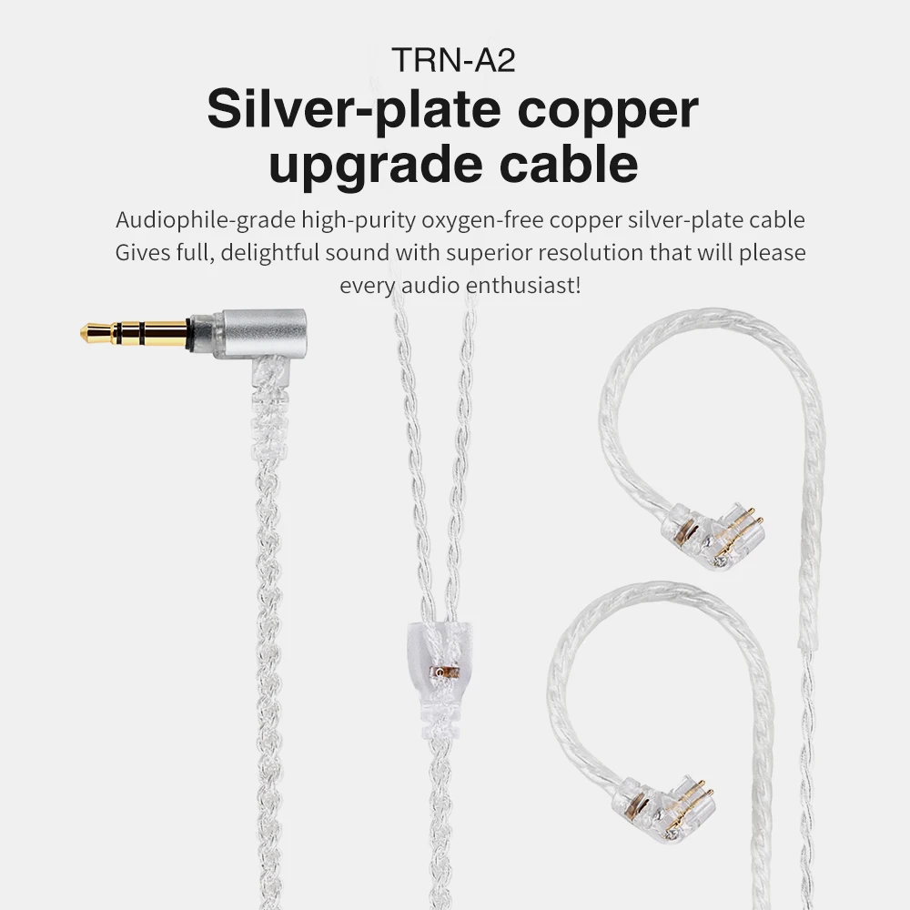 TRN A2 Headphone 3.5mm Silver Plated Cable HIFI Earphone MMCX/2Pin Connector Use For TRN V10 V20 MT1 TA1 ST1 ST2 For xiaomi