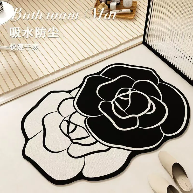YJQ Floral Floor Mat, Bathroom Shower Room, Diatom Mud Non-Slip, Water-Absorbing Foot Mat, Entrance Decorative Door Mat