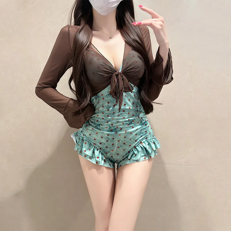 Fashion Retro Dot One-piece Swimsuit with Mesh Long Sleeves Two-piece Set Sun Protection Sexy Backless Neck-baring Swimwear