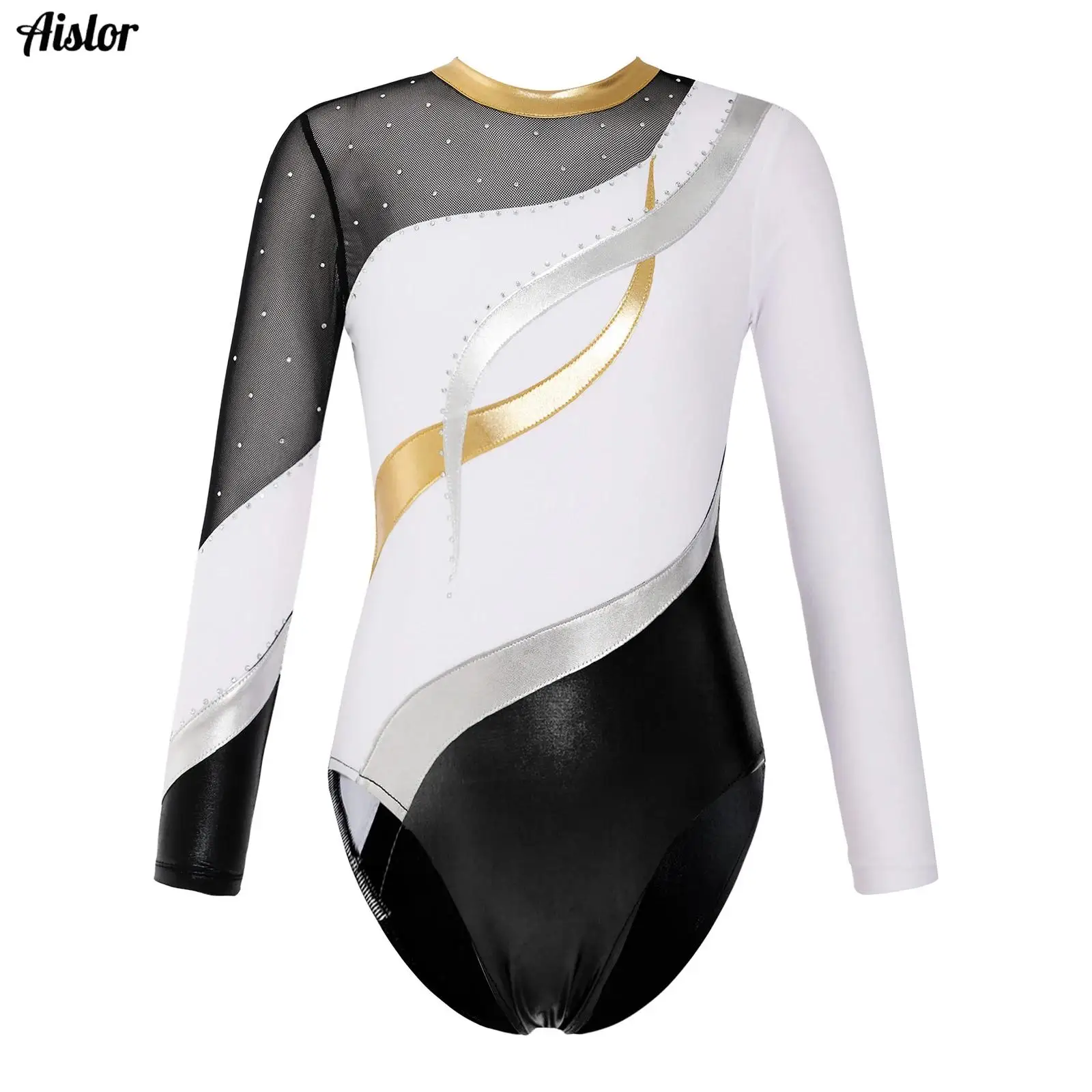 

Figure Skating Gymnastics Leotard for Kids Girls Shiny Rhinestones Long Sleeve Bronzing Cloth Patchwork Ballet Dance Bodysuit