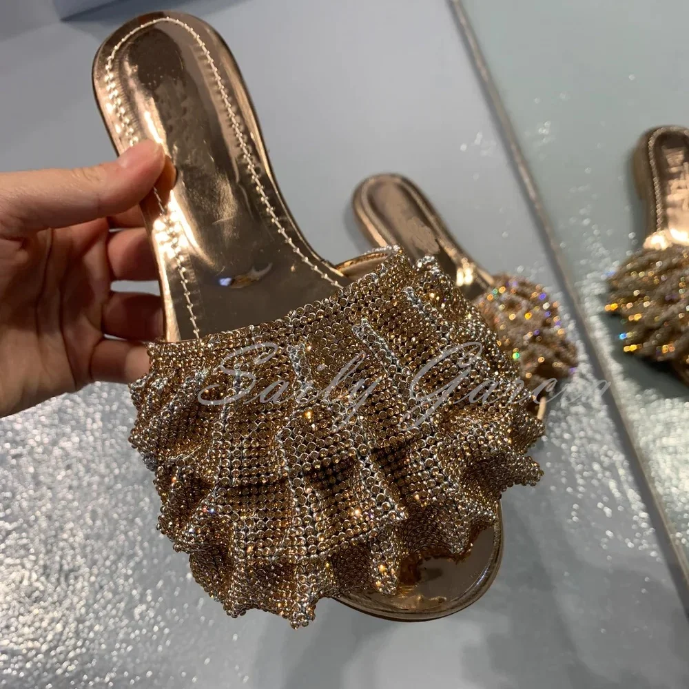 Crystal Flat Bronze Slippers For Women Peep Toe Bling Bling Rhinestone Mules Slippers Summer Woman\'s Flip Flops Shallow Sandals