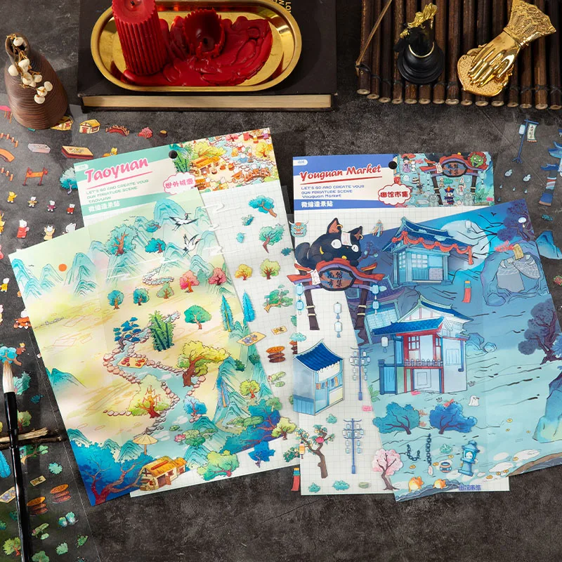 3sheets/bag Fun World 3D Miniature Landscape PET Sticker Bag for Hand Account Office Stationery Handbook Notebook Decoration