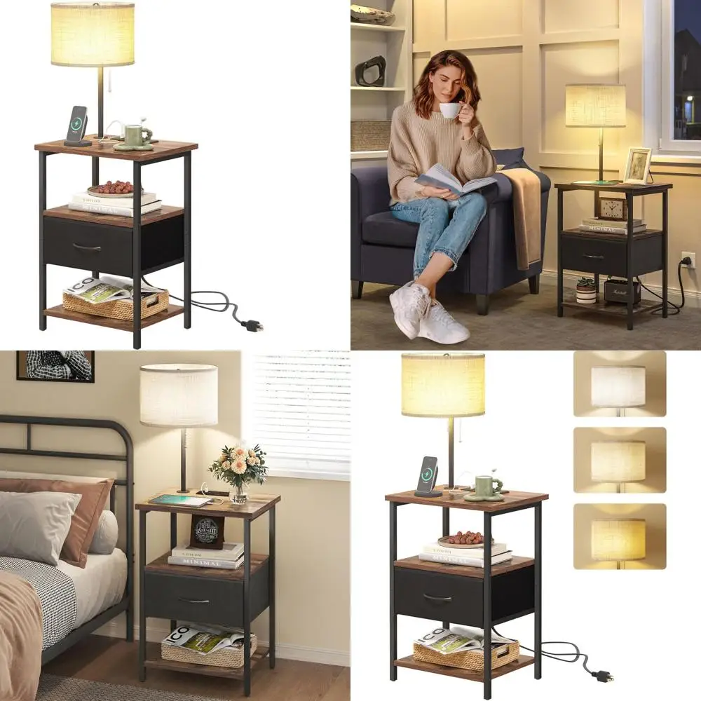 

Nightstand with Lights Bedside Table with 3 Color Temperatures Bulb, Night Stand with Charging Station End Table with Adjustable