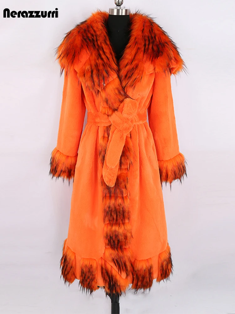 Nerazzurri Winter Long Orange Warm Thick Soft Fluffy Faux Fur Coat with Fur Trim Belt Elegant Luxury Retro European Fashion 2021