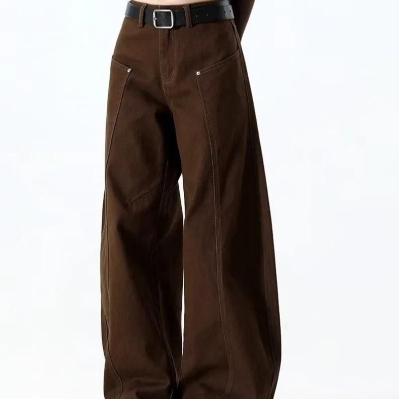 2026 Japanese Y2K Style Vintage Brown Patchwork Baggy Women's Jeans Pants Wide Leg Woman Clothing Casual Cotton Long Trousers 5