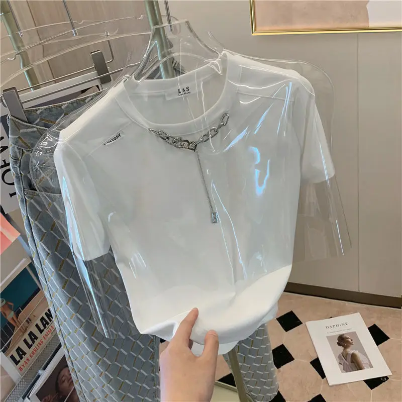 Unique Sweet Chic Hong Kong Style Top Design Sense Niche Summer Short-sleeved Metal Chain T-shirt Women's Ins