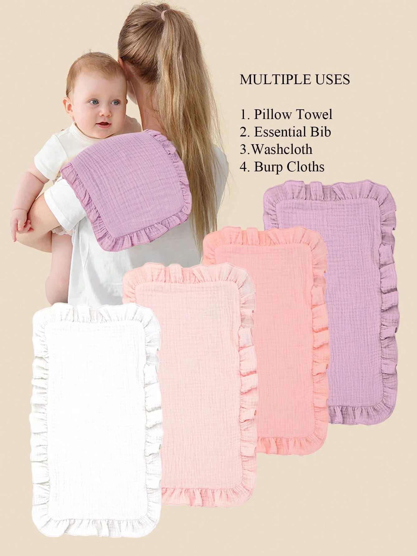 4 Pcs/Set Solid Colors Muslin Cotton Gauze Shoulder Rag Baby Burping Pad Ruffle White Pink Newborn Baby Burp Cloths