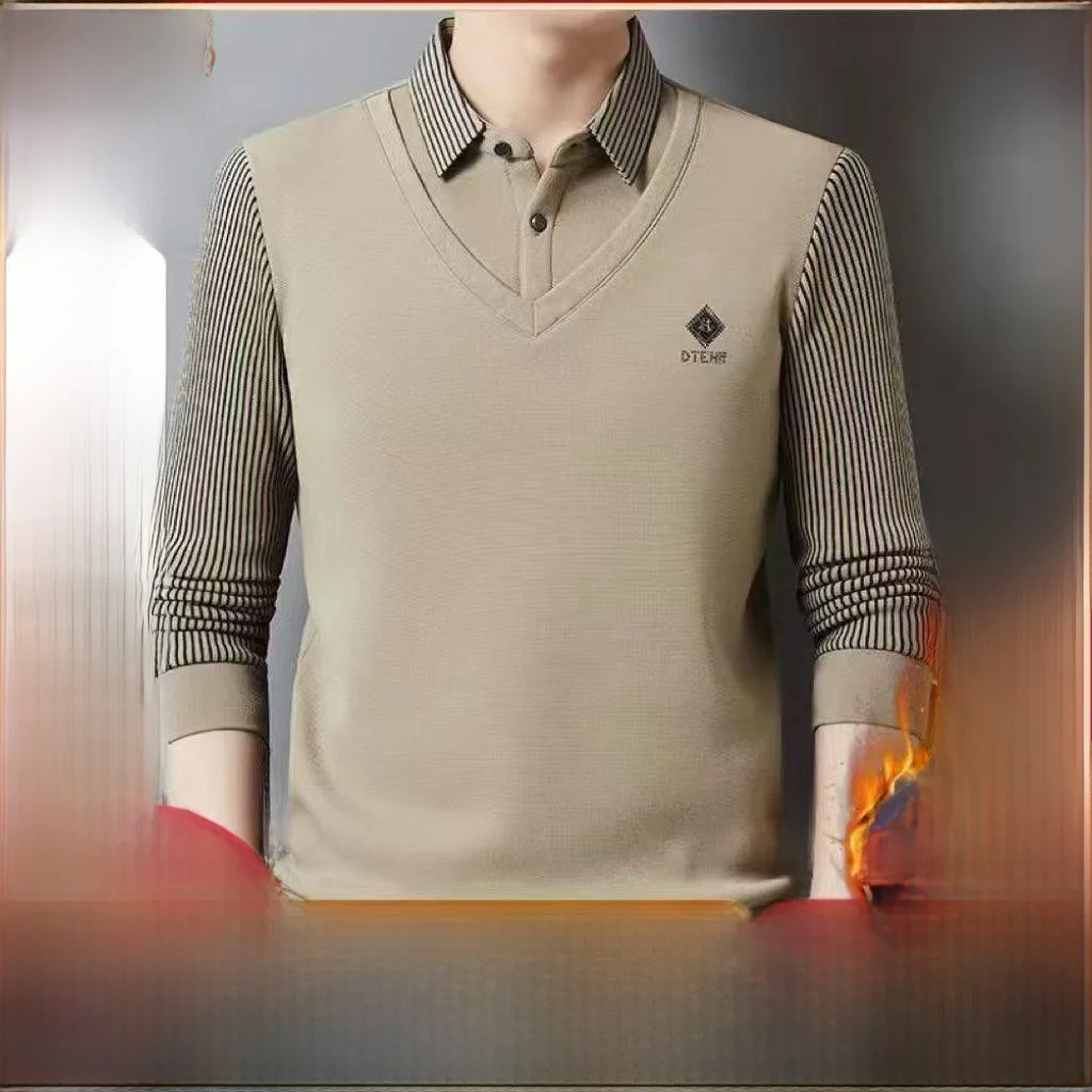 

Fce Lined Long Sve irt для мужчин, модный трикотаж среднего возраста и лежа, зимний топ из смеси хлопка Busin Sle